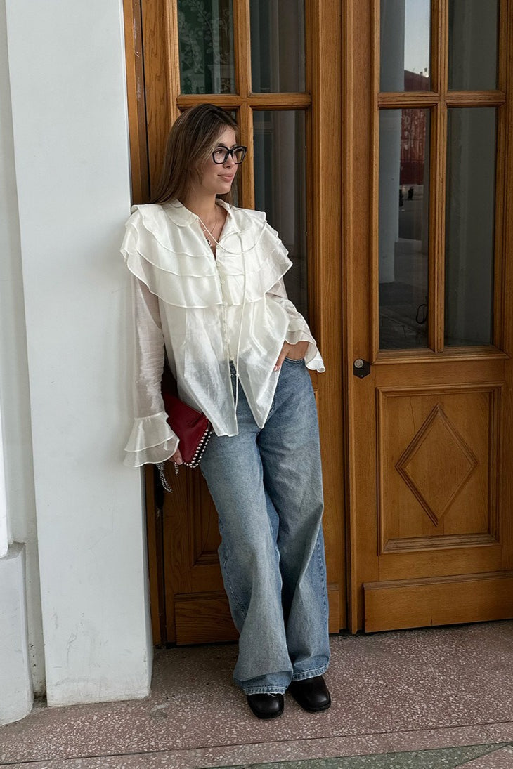 Sheer Organza Tiered Ruffle Shoulder Button Front Flare Cuff Blouse 3