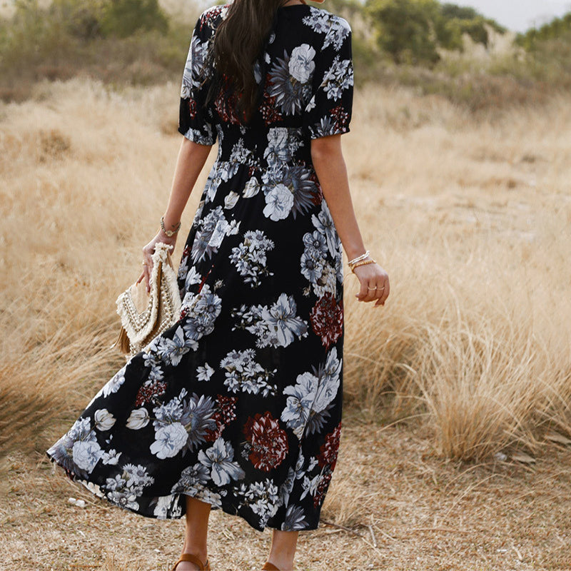 V-Neck Button Front Smocked Drawstring Waist Short Sleeve High Split Maxi Dress