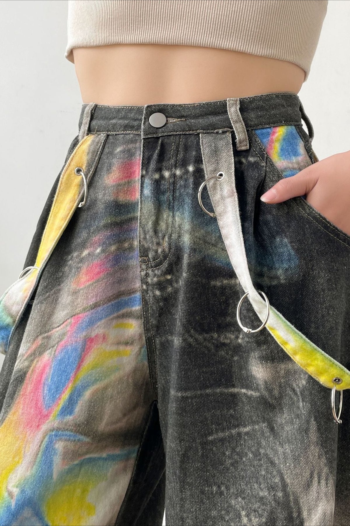 High Waist Wide Leg Holographic Print Suspender Strap Baggy Jeans 4
