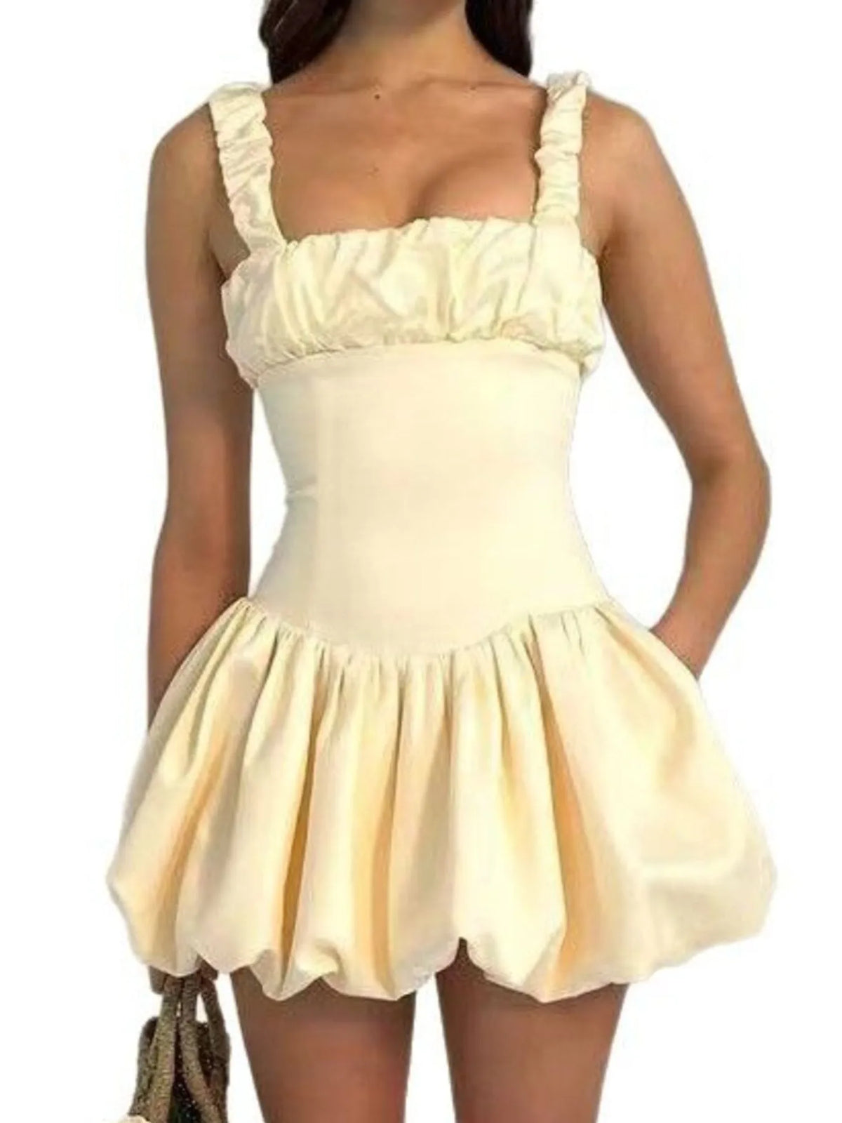 Square Neck Ruched Bust Ruffle Strap Bubble Hem Mini Dress 8