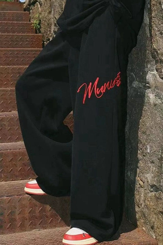Script Embroidered Drawstring Waist Baggy Wide Leg Sweatpants 3