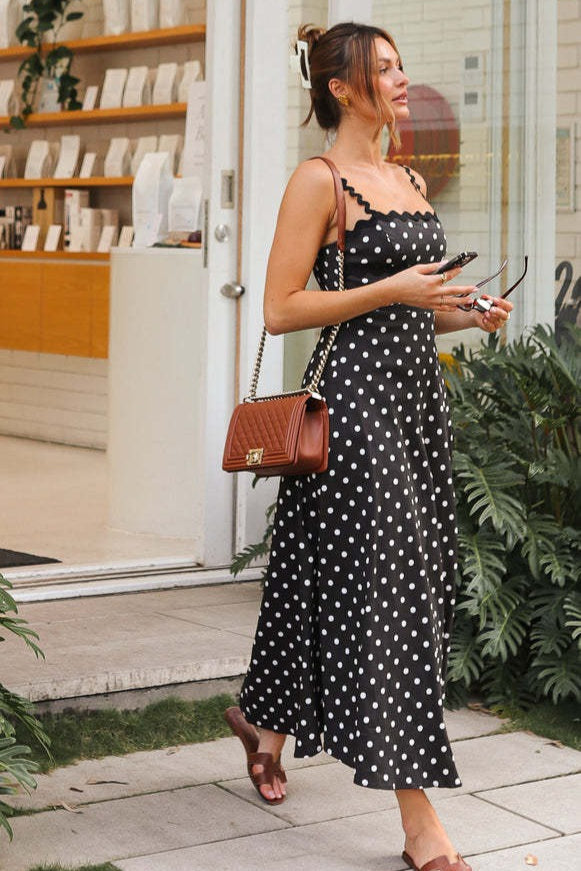 Boho Edition Polka Dot Lace Trim Cami Maxi Dress