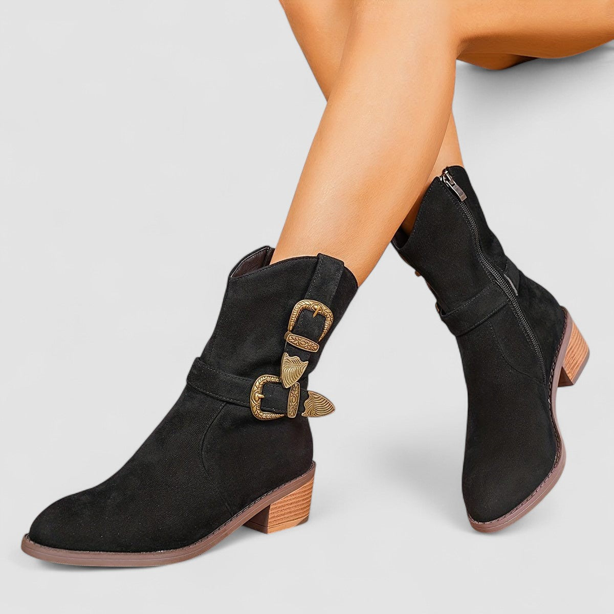 Suede Look Buckle Western Block Heel Ankle Boots