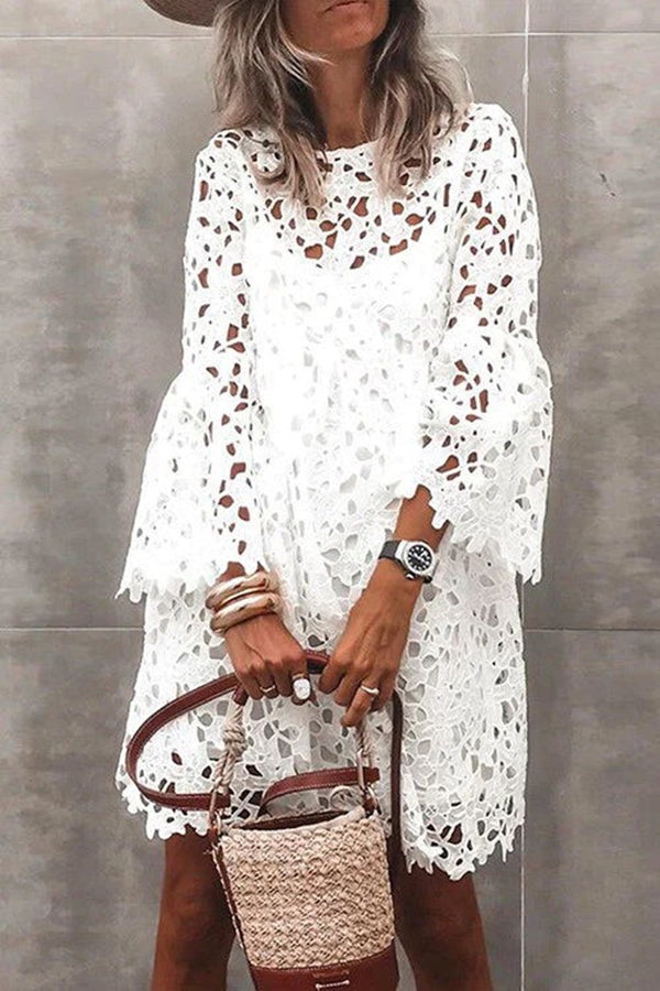 Floral Crochet Lace Bell Sleeve Mini Dress