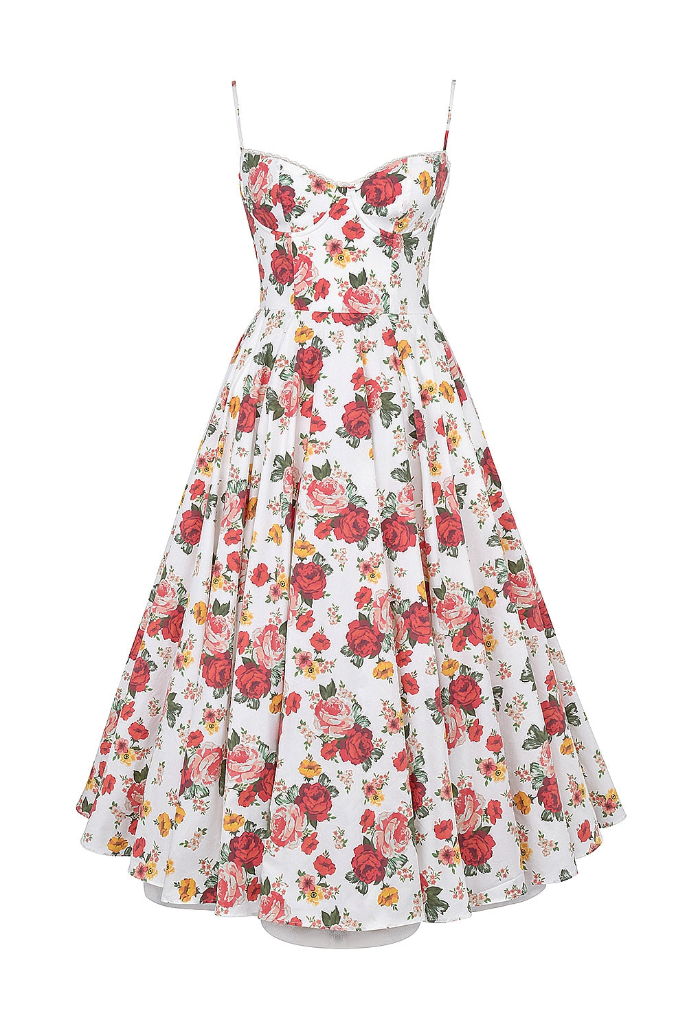 Rose Print Sweetheart Corset Bodice Tulle Underlay Midi Dress 17