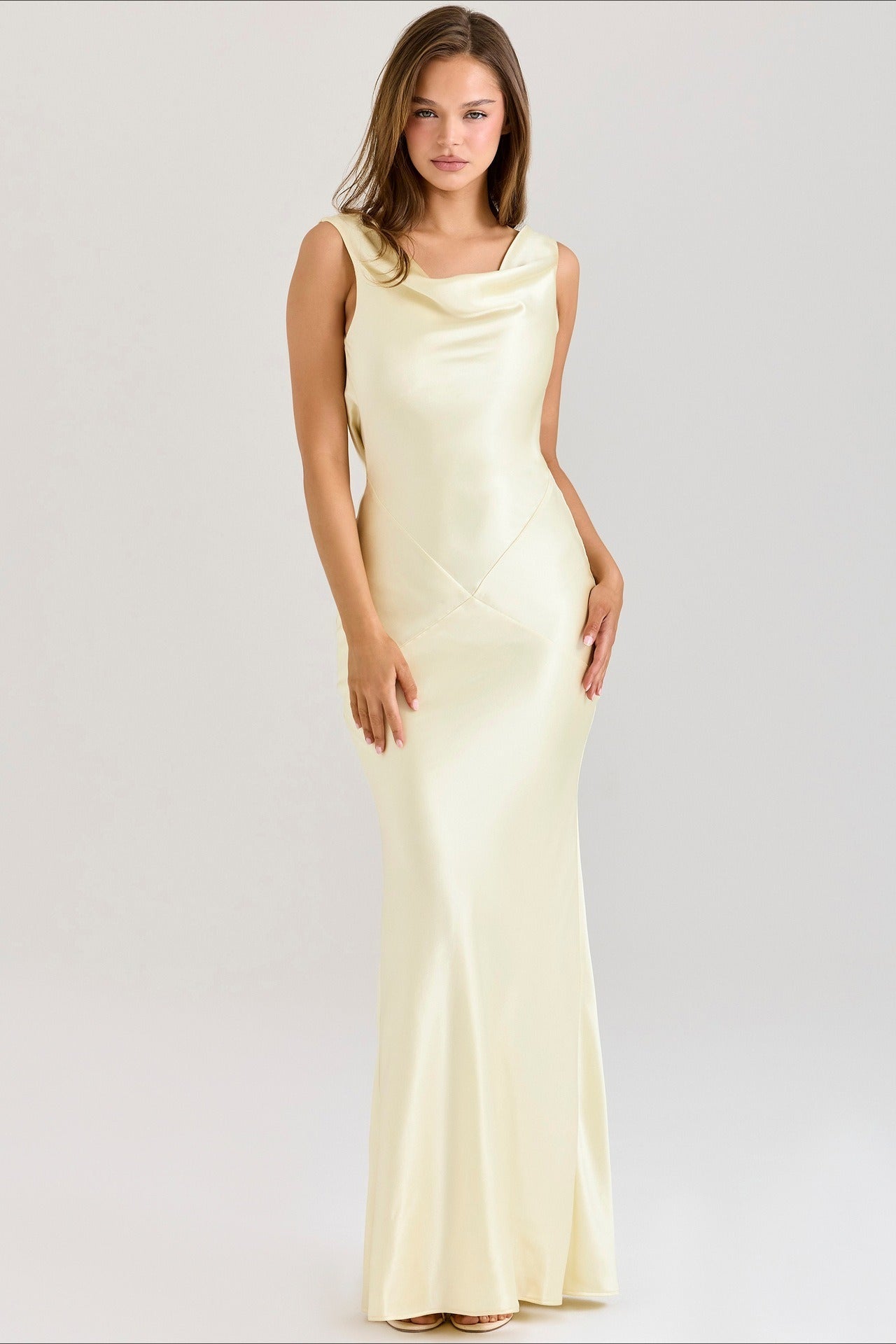 Satin Cowl Neck Sleeveless Bias Cut Slip Midi Dress