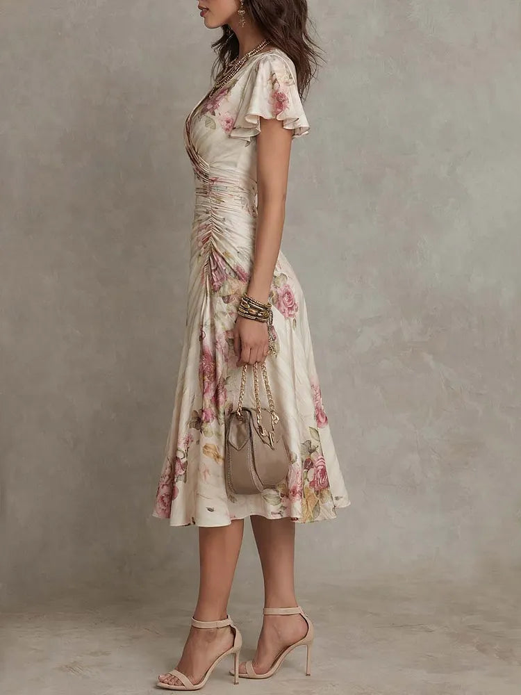 Vintage Floral Chiffon Midi Dress