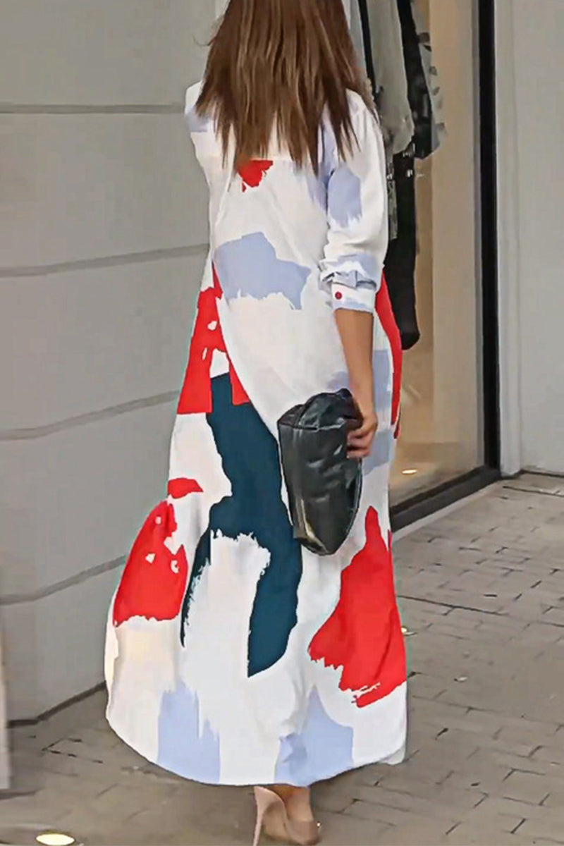 Collared Button Front Long Sleeve Pocket Slit Maxi Shirt Dress
