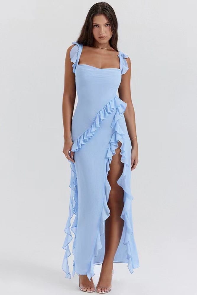 Chiffon Square Neck Ruffle Trim High Split Maxi Party Dress 5
