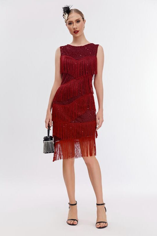 Sequin Beaded Tiered Fringe Sleeveless Shift Mini Cocktail Dress