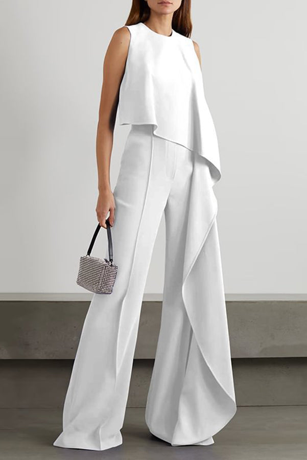 Crew Neck Sleeveless Ruffle Wide Leg Jumpsuit