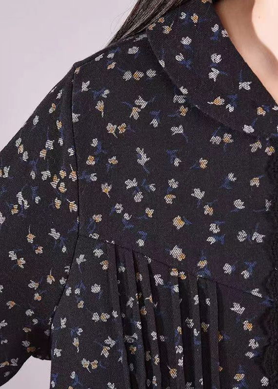 Floral Print Peter Pan Collar Lace Trim Button Front Long Sleeve Maxi Dress