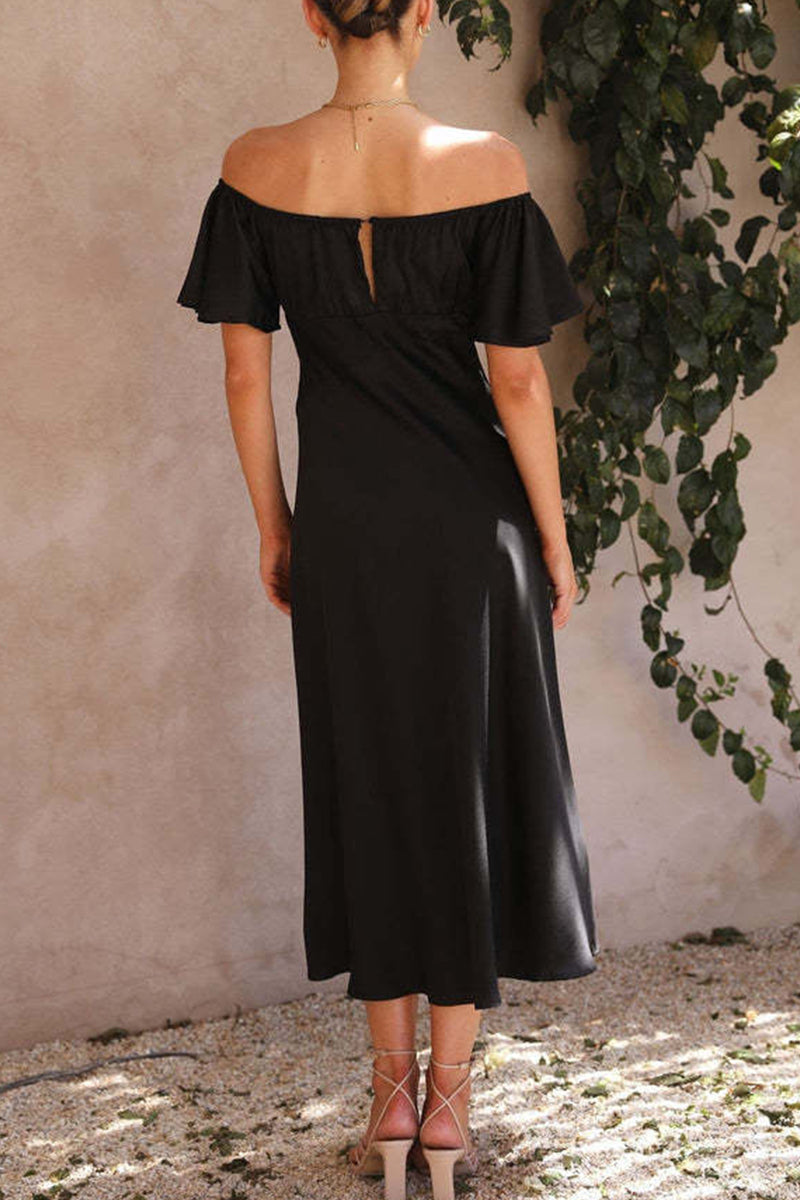 Satin Off Shoulder Sweetheart Ruched Bust Flutter Sleeve Side Slit Midi Dress