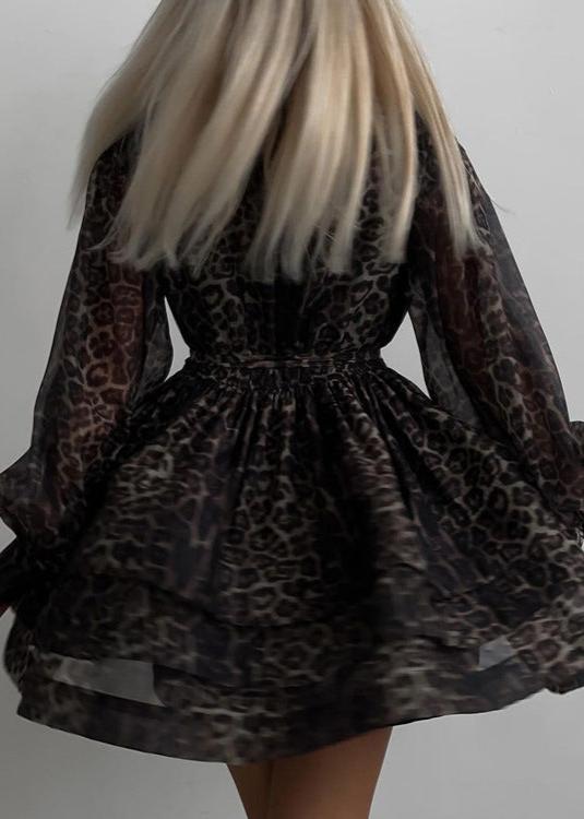 Animal Print Sheer Button Front Puff Sleeve Tiered Ruffle Mini Dress