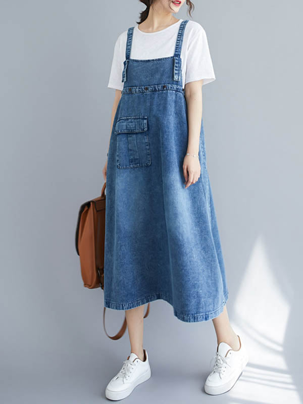 Denim Bib Strap Cargo Pocket Loose Fit Midi Overall Dress