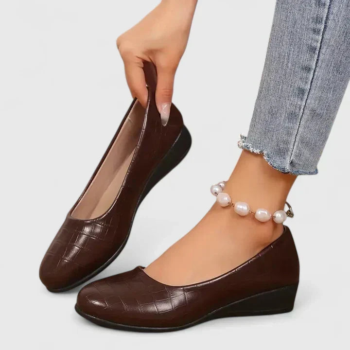 Croc Print Square Toe Slip On Wedge Pumps