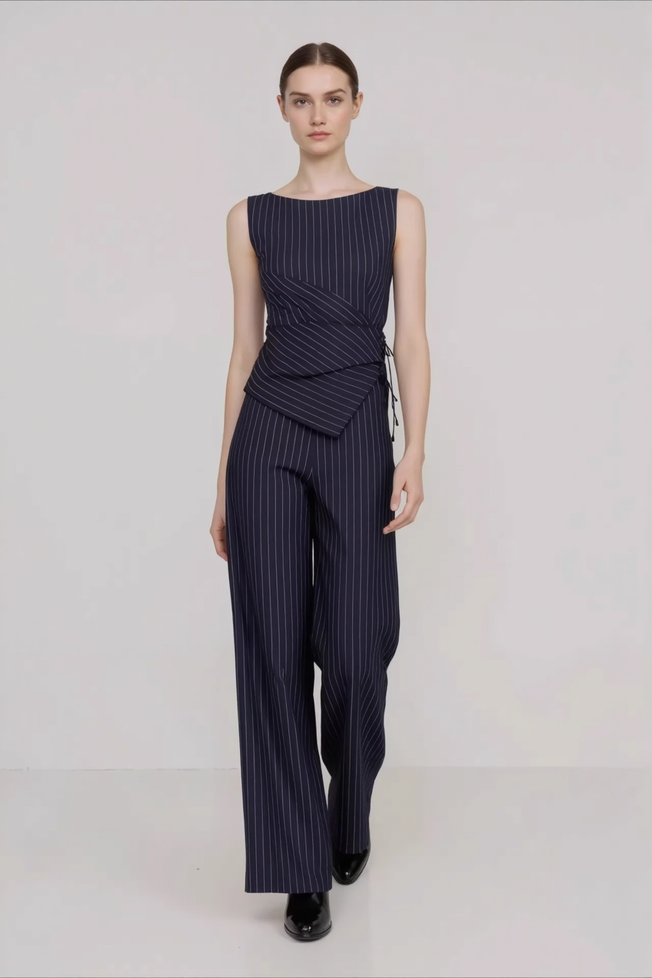 Stripe Asymmetric Sleeveless Top Straight Work Set