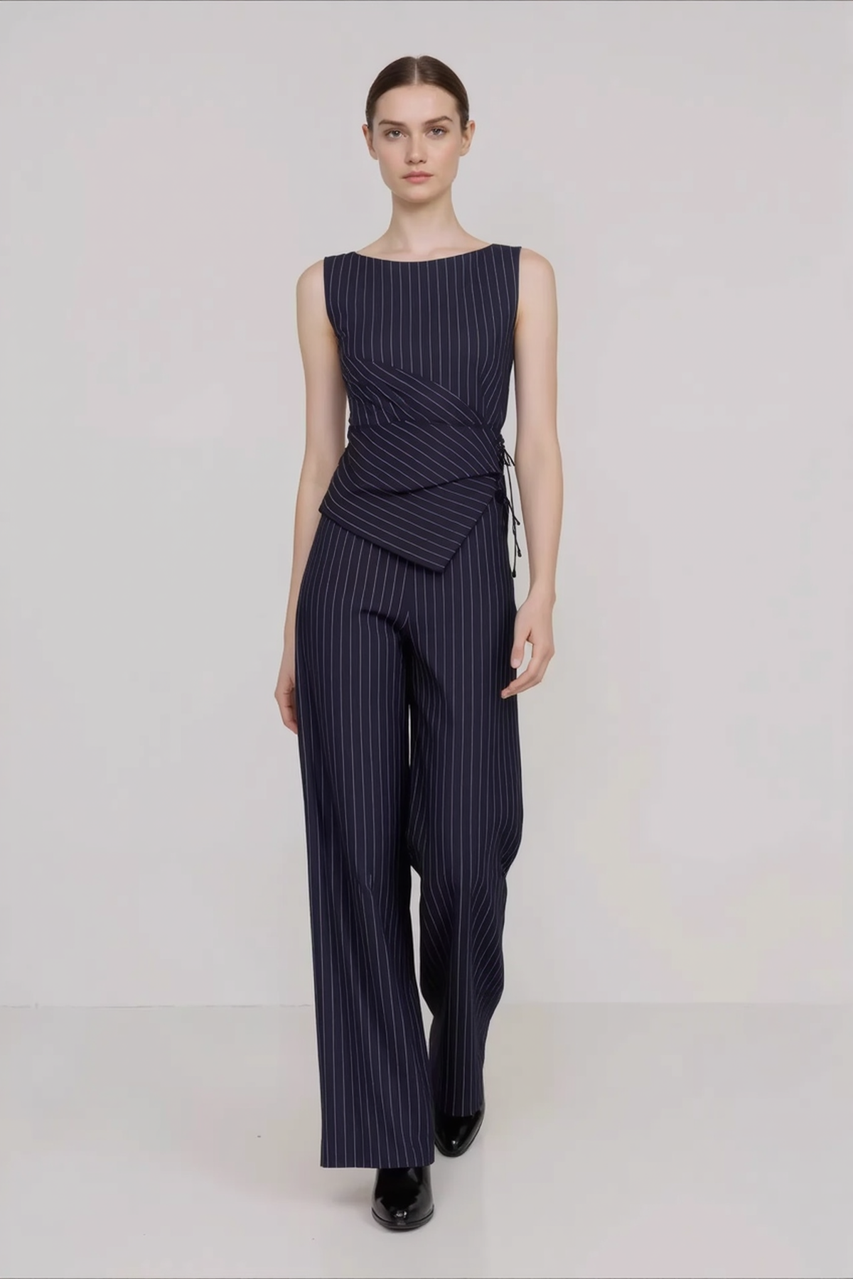 Pinstripe Boat Neck Asymmetric Wrap Top and Wide Leg Pants Two Piece Set