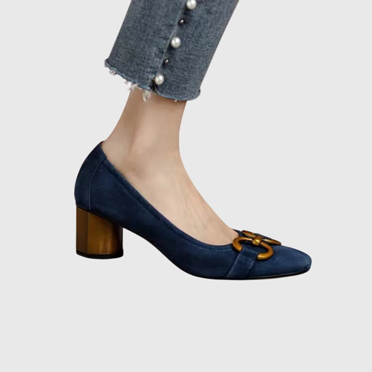 Square Toe Buckle Block Heel Pumps