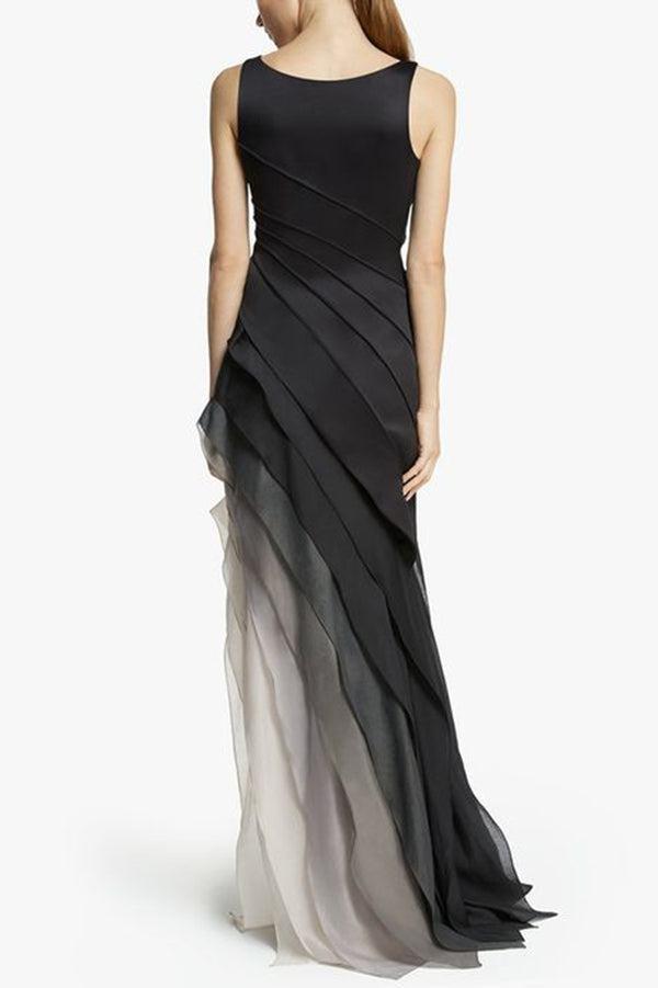 Sleeveless Boat Neck Ombre Tiered Diagonal Panel Maxi Gown 7