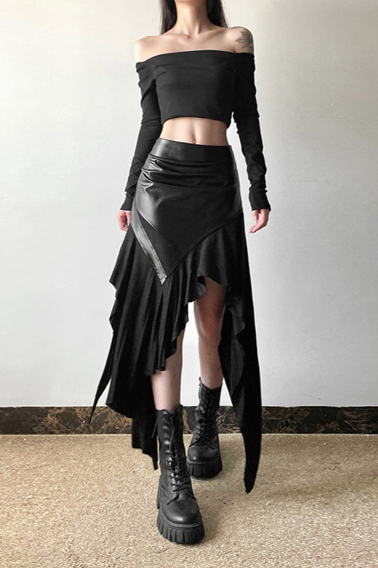 Faux Leather Panel Draped Ruffle Asymmetric High Low Skirt