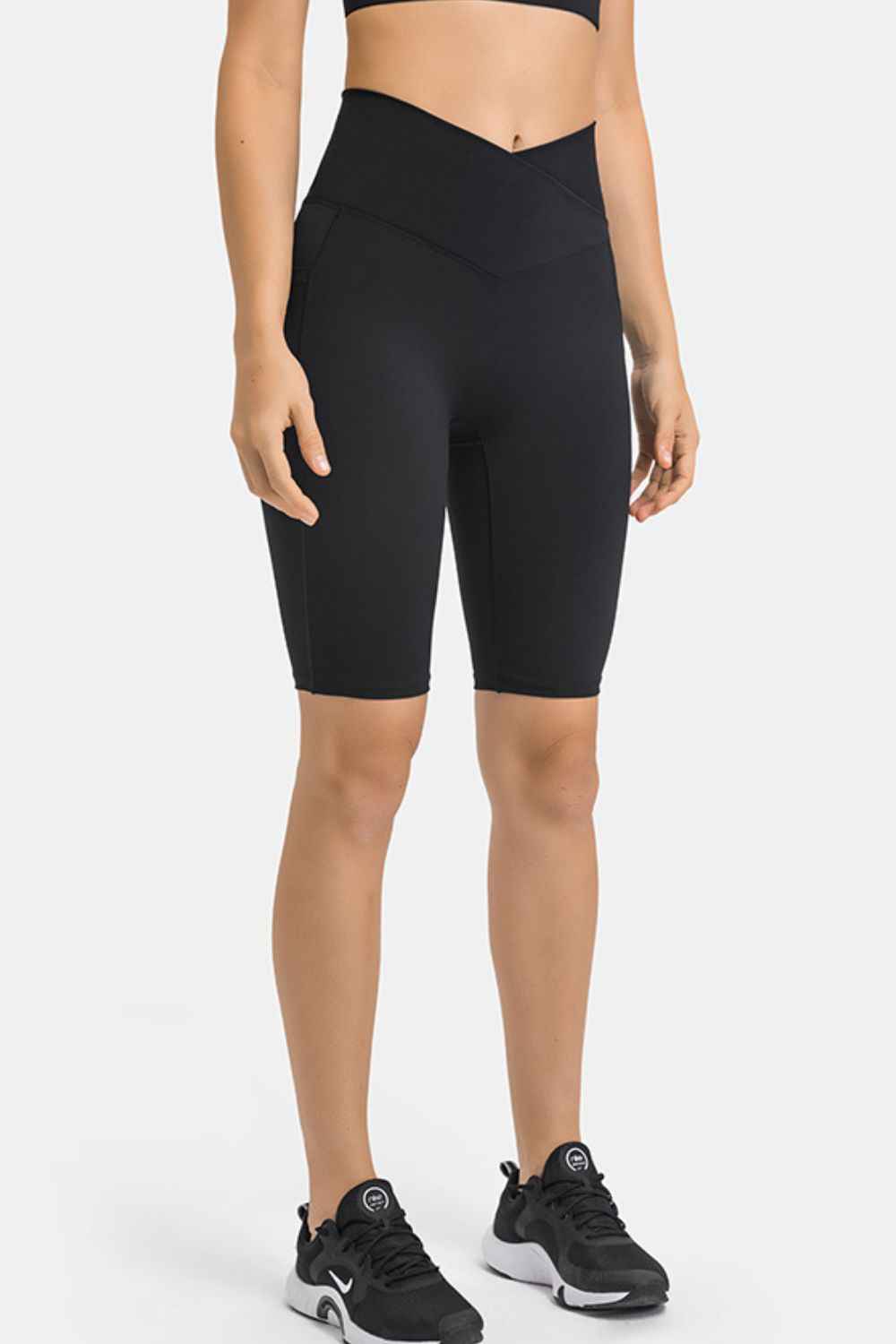 Crossover High Waist Side Pocket Knee Length Biker Shorts 15