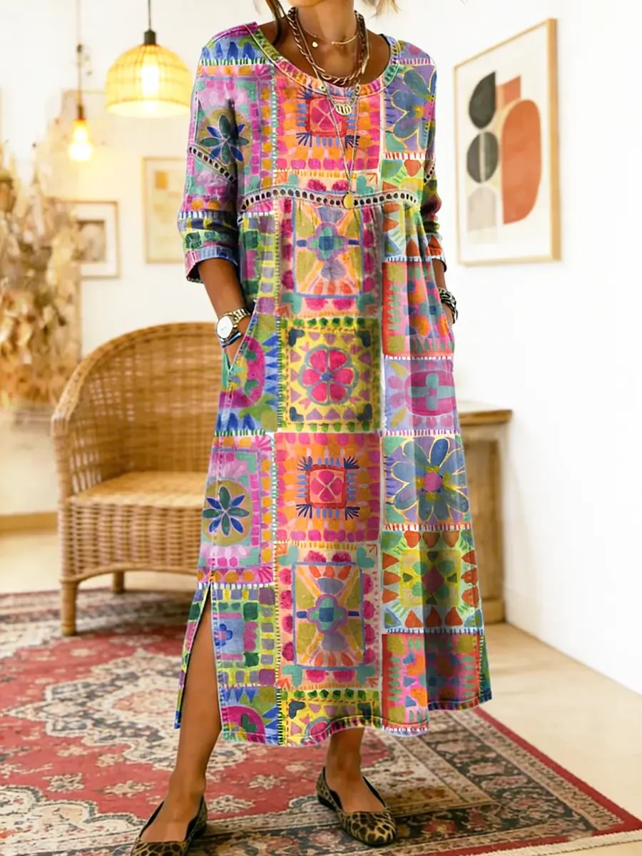 Patchwork Floral Print Long Sleeve Pocket Side Split Maxi Dress