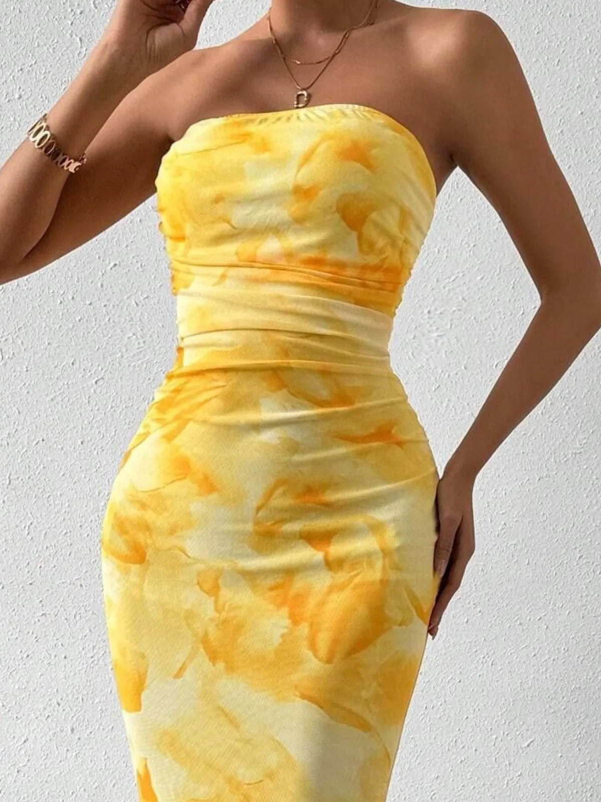 Abstract Print Strapless Ruched Bodycon Maxi Tube Dress 14