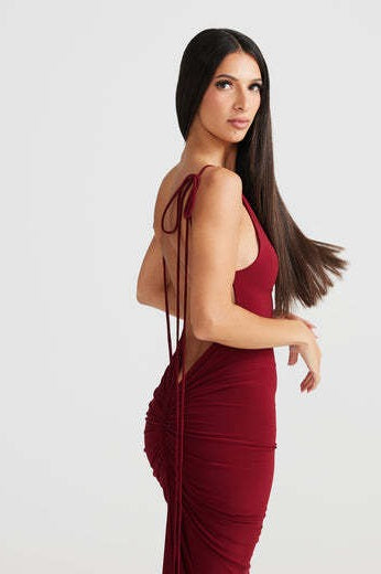 Cowl Neck Spaghetti Strap Backless Ruched Bodycon Maxi Dress