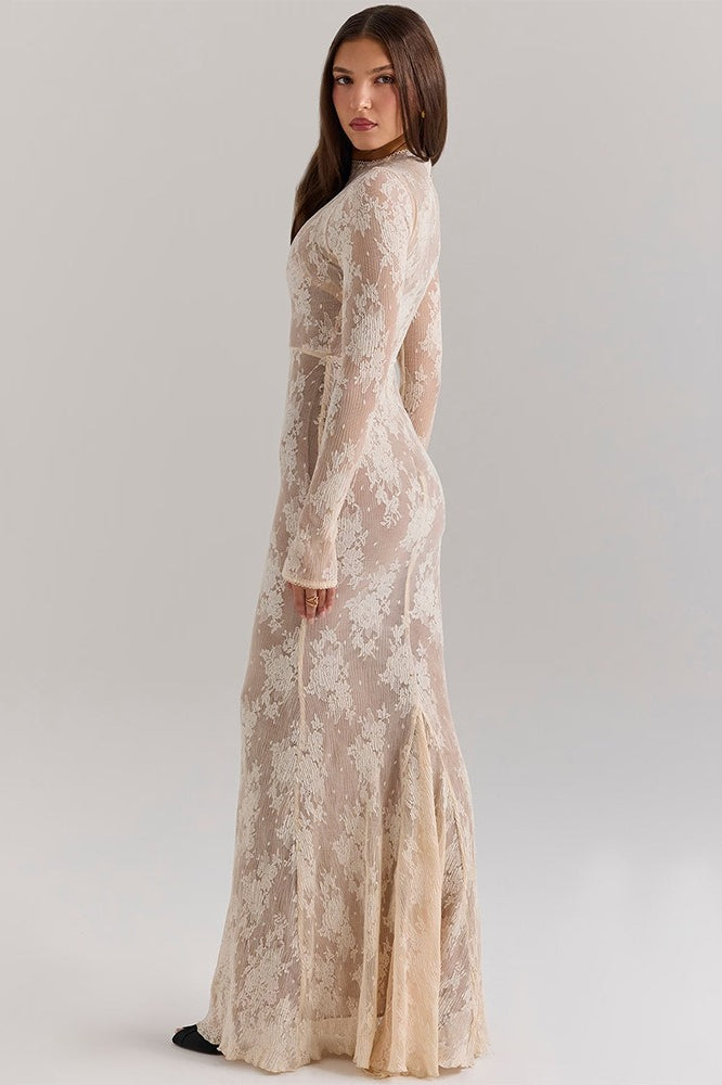 Lace Round Neck Long Sleeve Hollow Slim Lace Dress