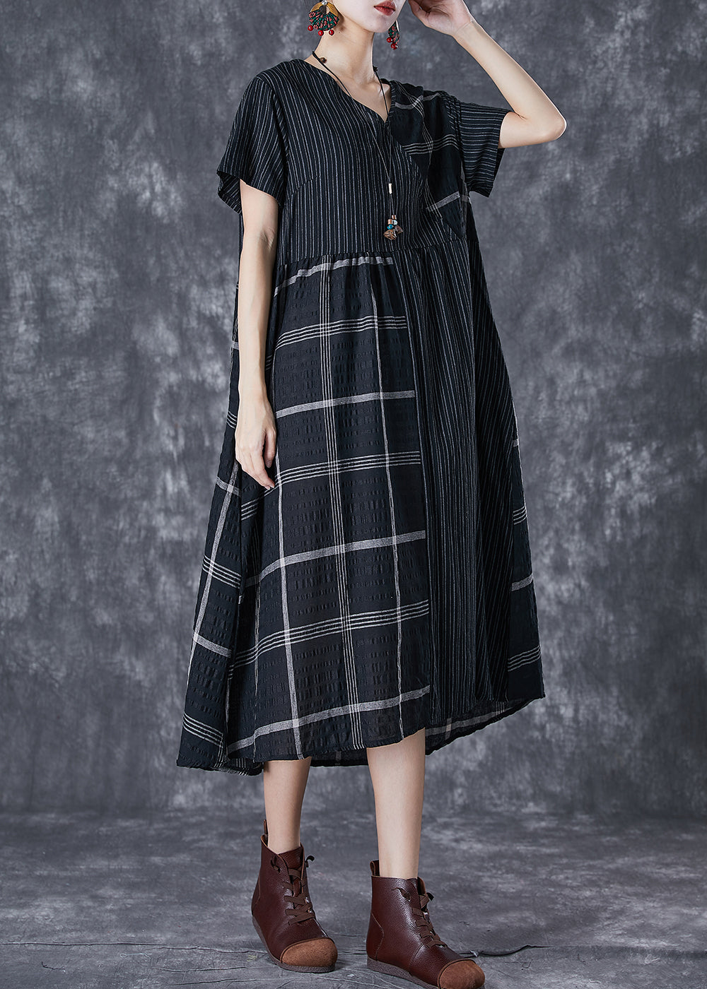Pinstripe Windowpane Check Patchwork V-Neck Short Sleeve Gathered Waist Relaxed Midi Dress