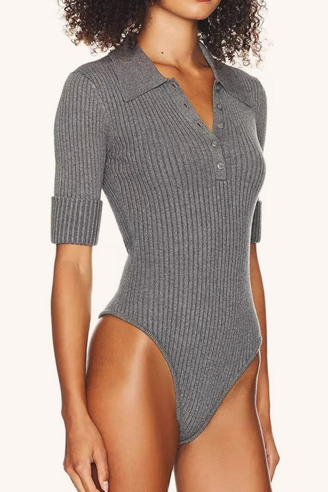 Polo Collar Button Front Cuffed Short Sleeve Ribbed Knit Bodysuit 2