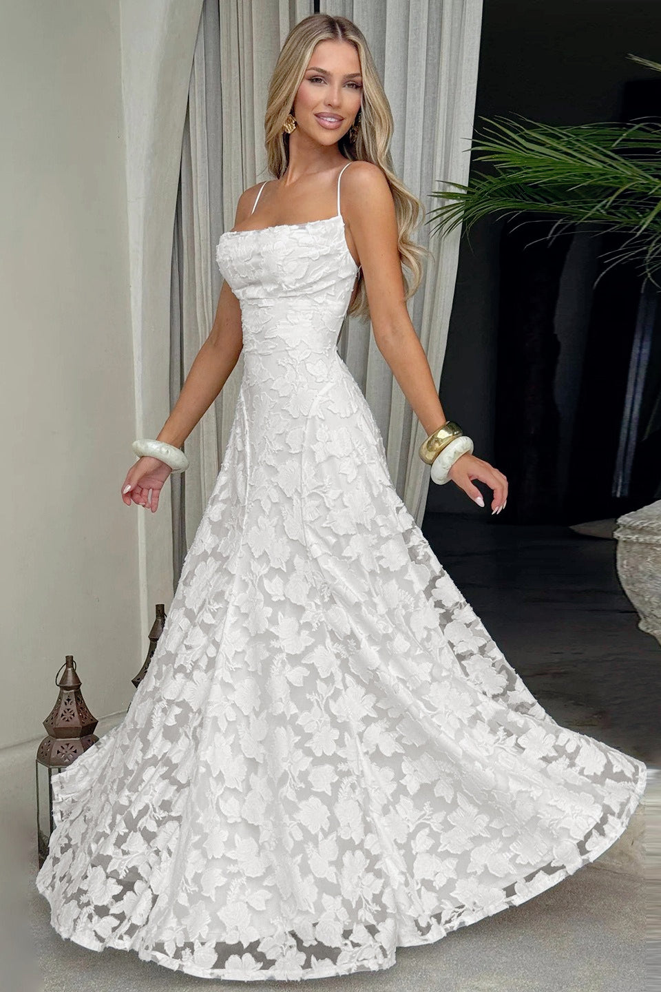 Floral Lace Spaghetti Strap Tie Back A-Line Maxi Dress