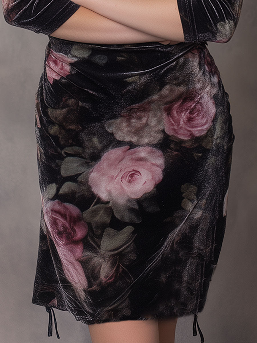 Elegant Velvet Rose Print Hem Drawstring Midi Dress