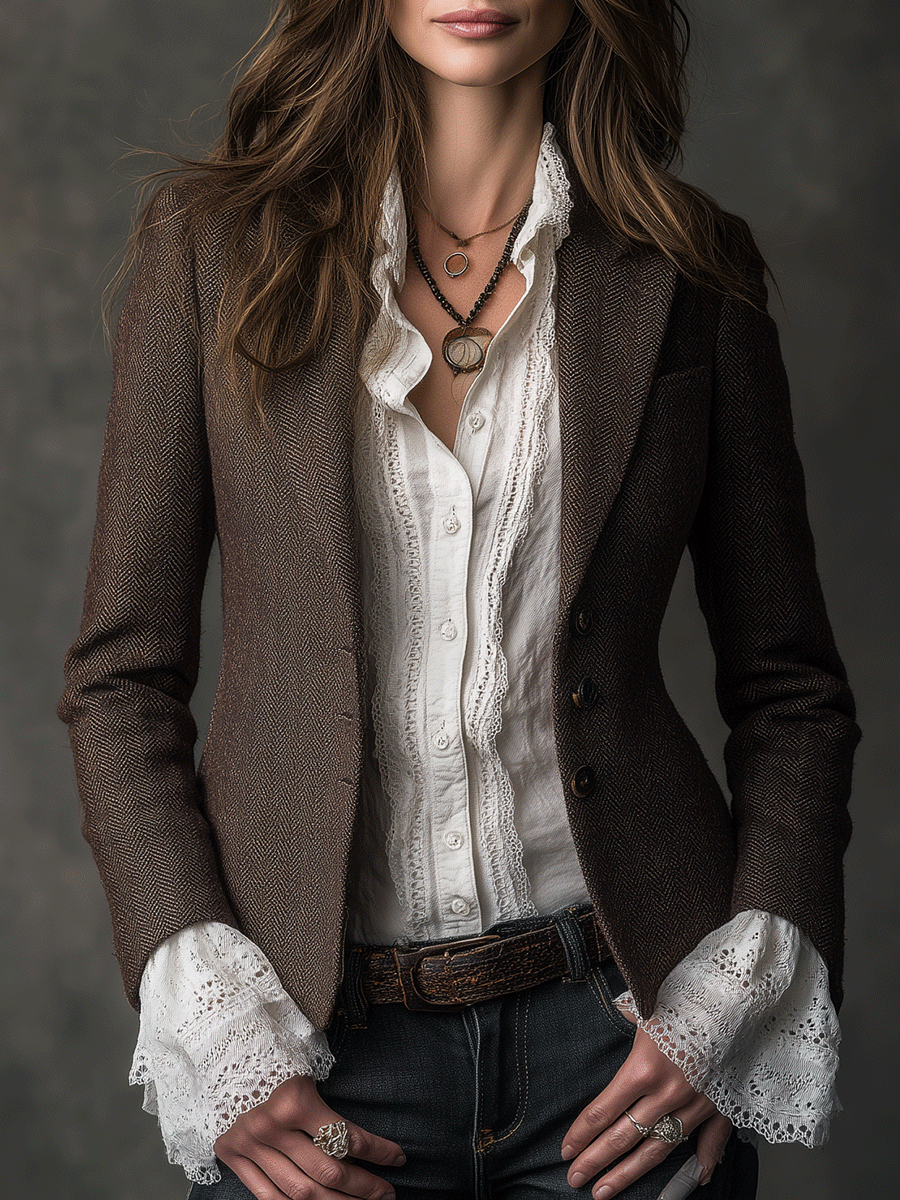 Herringbone Notch Lapel Single Breasted Tailored Blazer