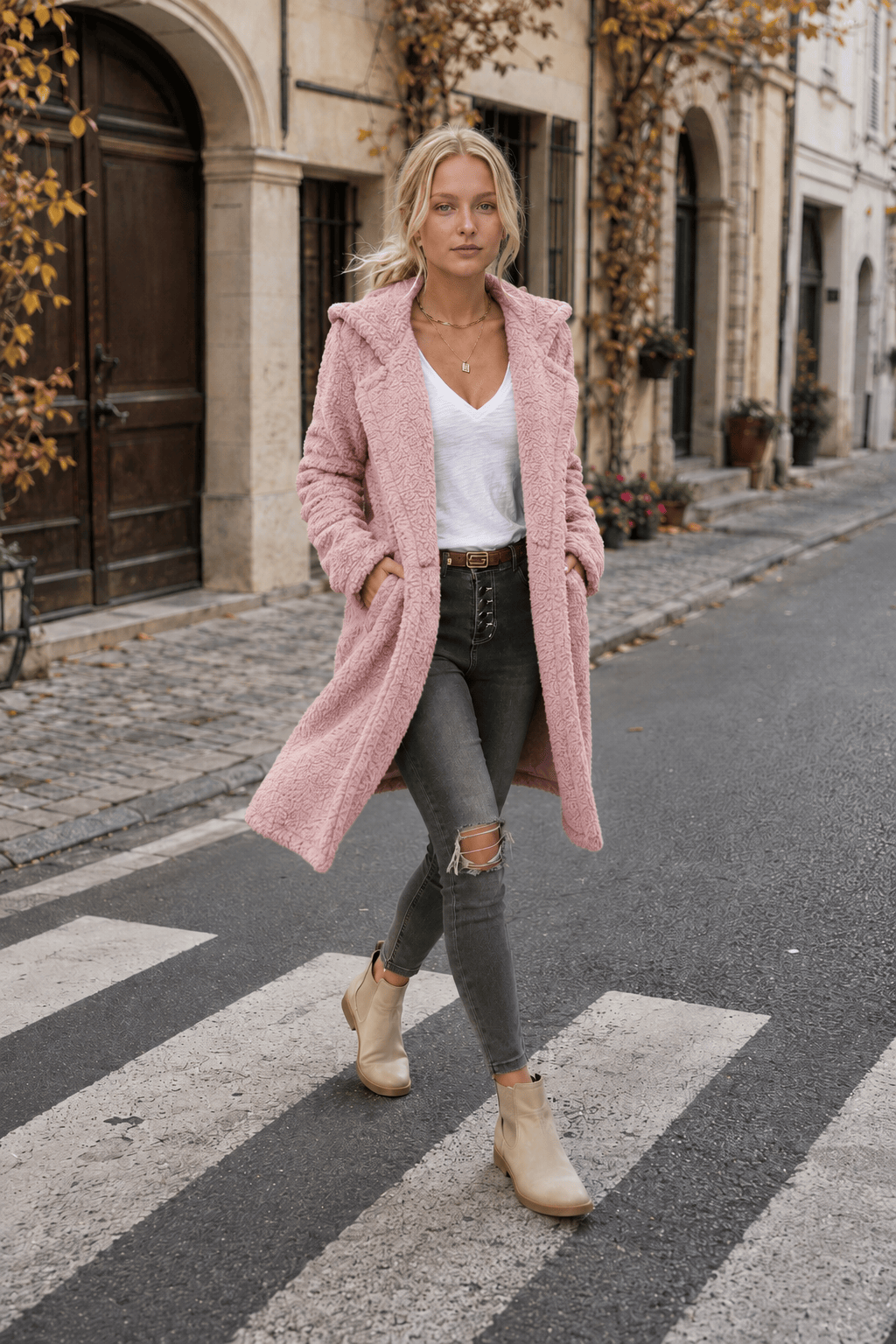 Mid-Length Fuzzy Lapel Coat