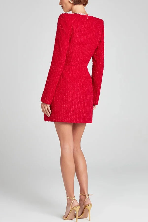 Tweed Square Neck Pearl Trim Long Sleeve Pocket Mini Dress