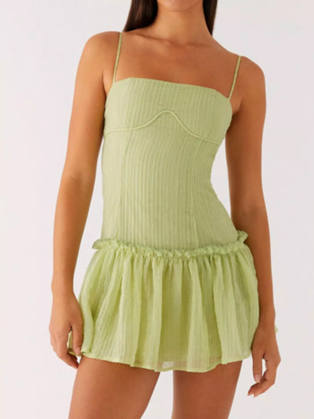 Textured Square Neck Cami Drop Waist Ruffle Hem Mini Dress 5