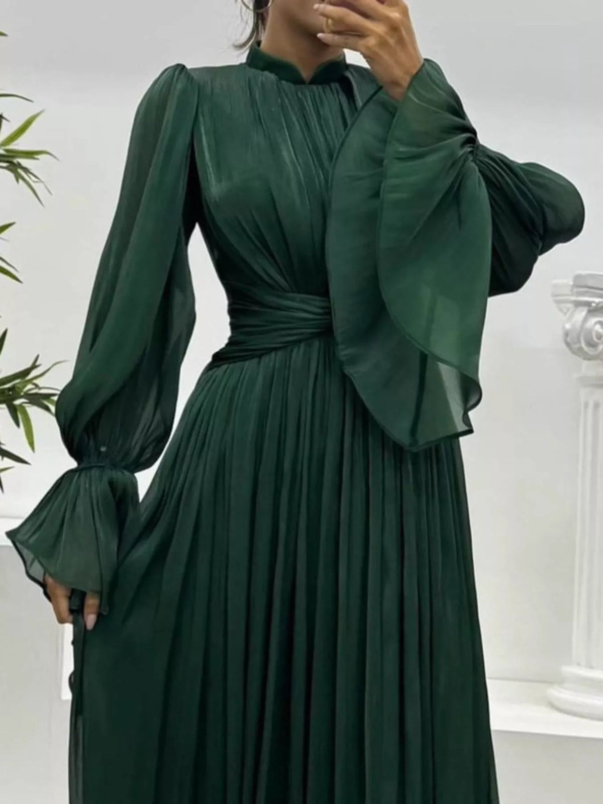 Pleated Satin Mock Neck Flared Bell Sleeve Twist Waist Maxi Gown 12