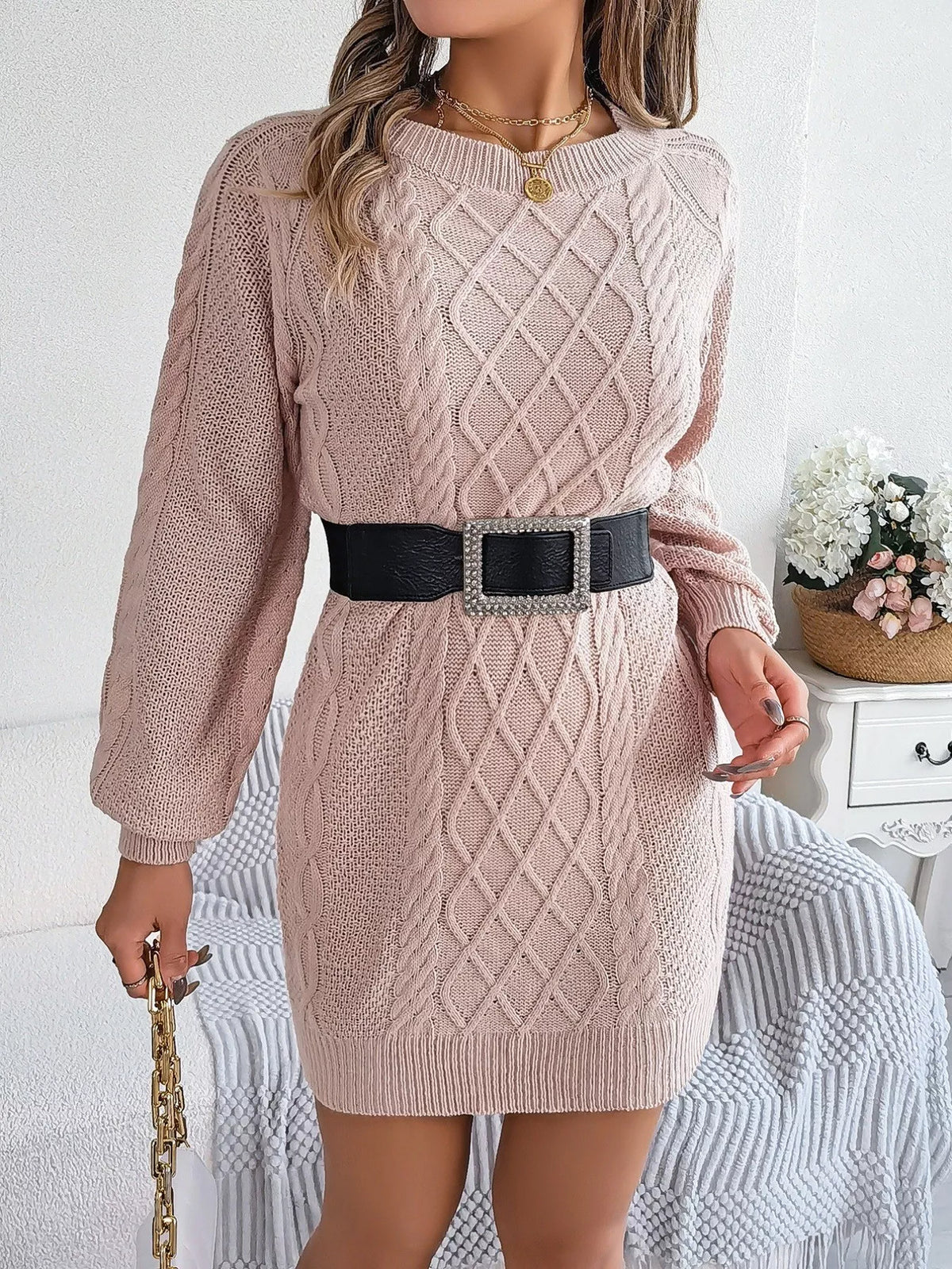 Diamond Cable Knit Crew Neck Long Sleeve Mini Sweater Dress 3
