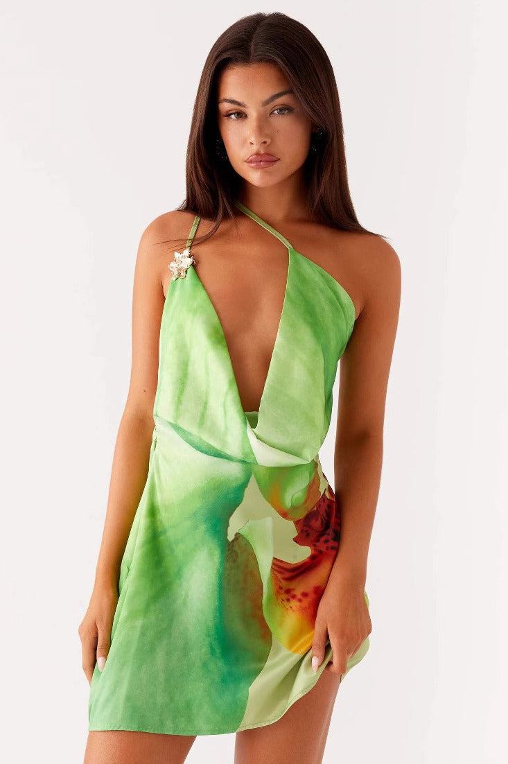 Satin One Shoulder Cowl Neck Brooch Strap A-Line Mini Dress