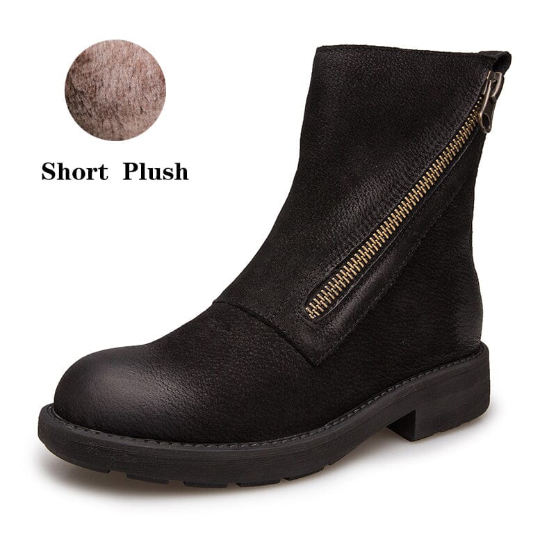 Full Grain Leather Zip Boots Retro Women Chunky Ankle Boots Black/Coffee