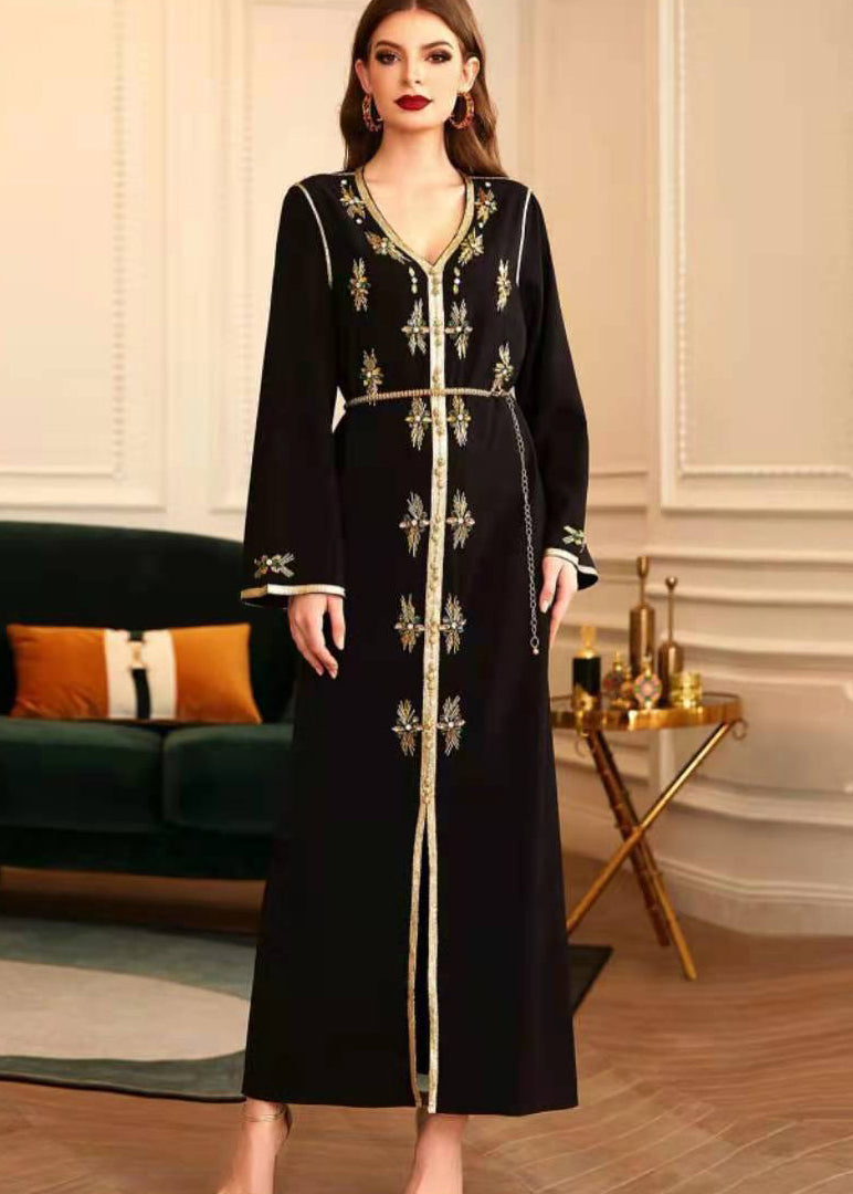 Metallic Embroidered Trim V-Neck Chain Belt Long Sleeve Maxi Gown
