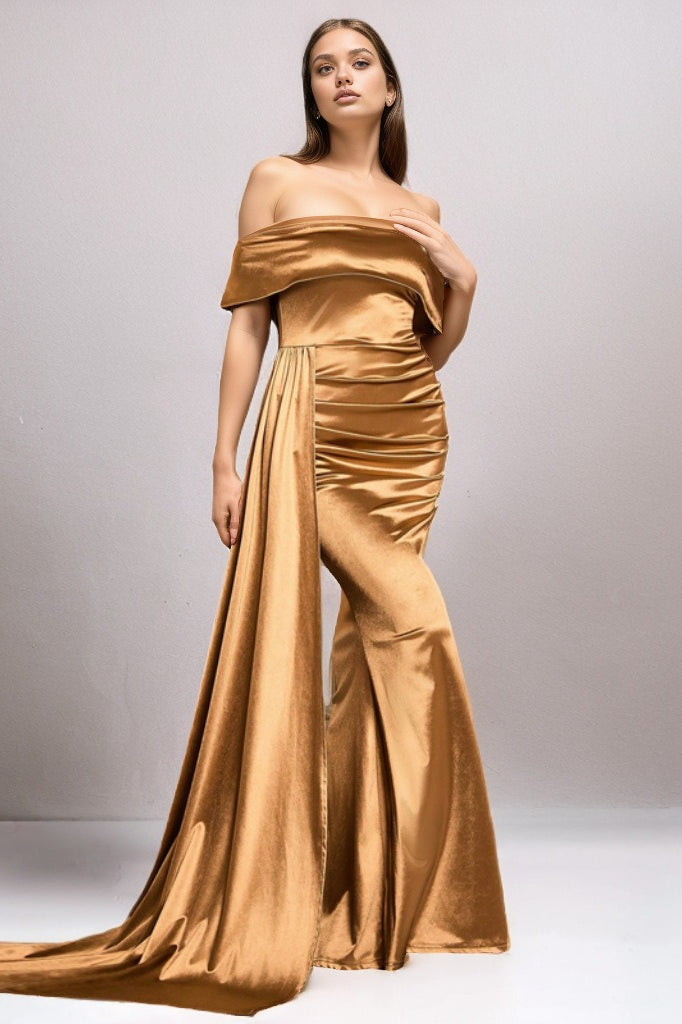 Solid Satin OffShoulder Strapless High Waist Formal Dress