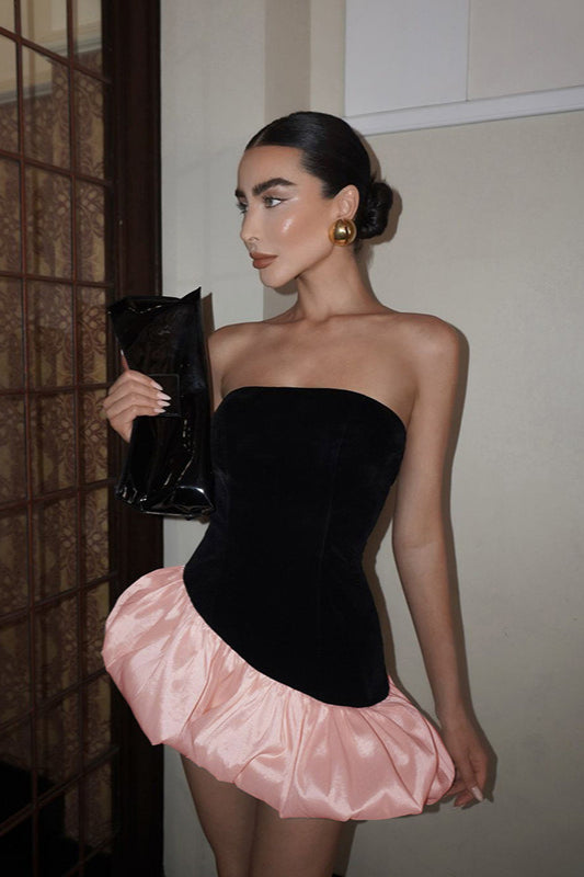 Elegant Velvet Paneled Strapless Puff Mini Dress 2