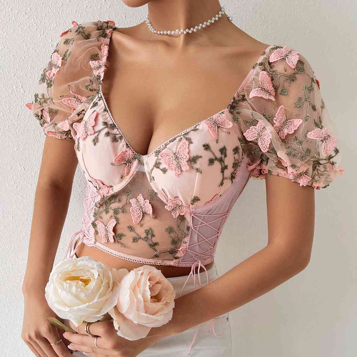 Butterfly Embroidered Mesh Puff Sleeve Lace Up Side Corset Crop Top