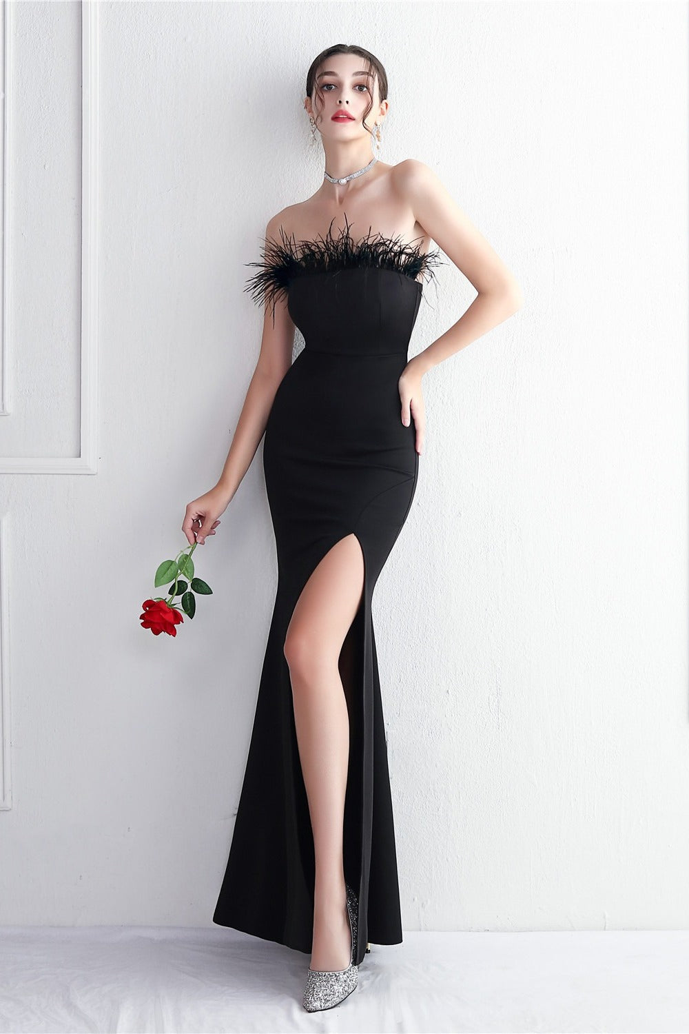 Feather Trim Strapless High Split Mermaid Gown