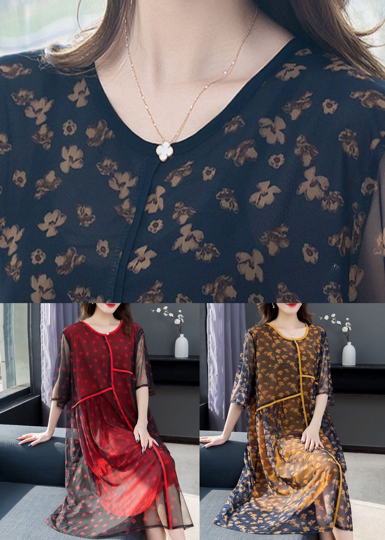 Floral Print Chiffon Round Neck Elbow Sleeve Sheer Overlay Tiered Relaxed Midi Dress