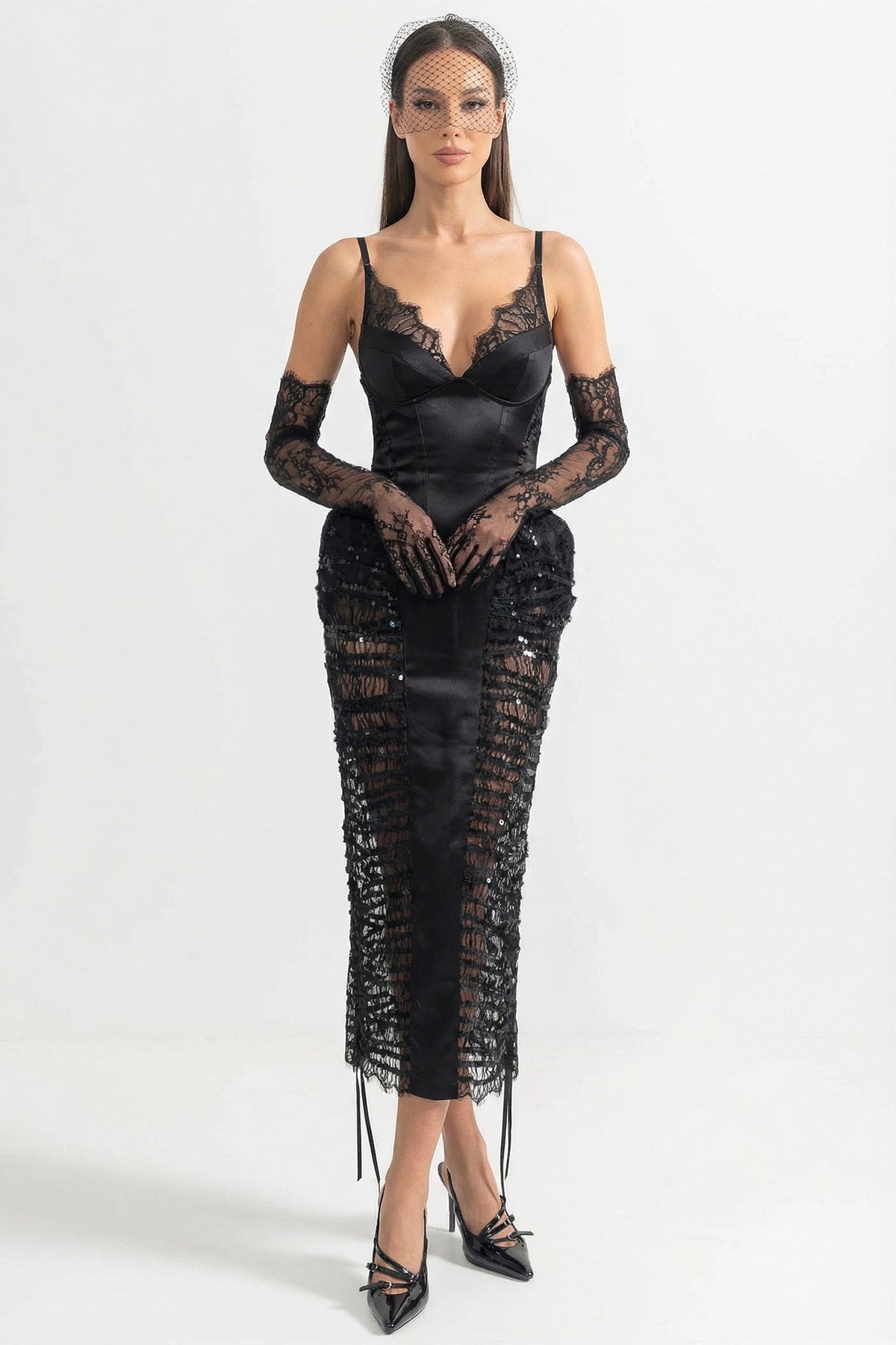 Lace Trim V-Neck Satin Sequin Sheer Side Panel Bodycon Midi Dress