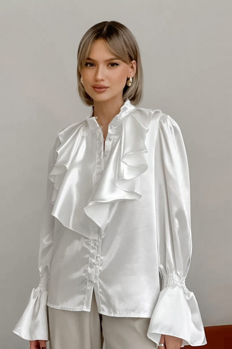 Satin Ruffle Front Stand Collar Smocked Flare Cuff Button Blouse